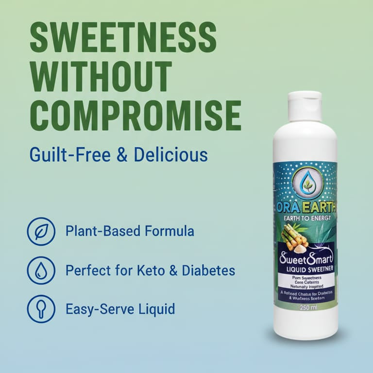 Ora Earth SweetSmart Liquid Sweetener bottle with promotional text on a light blue background