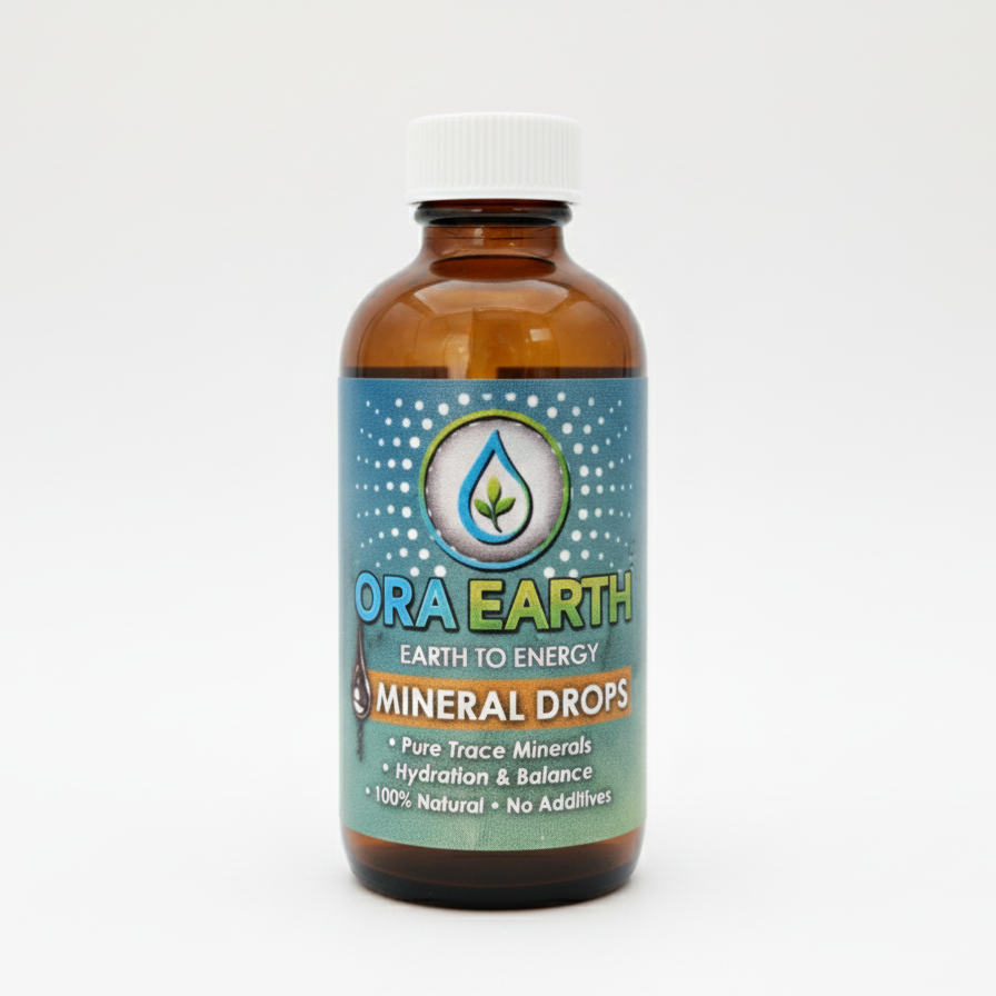 Bottle of Ora Earth Mineral Drops on a white background