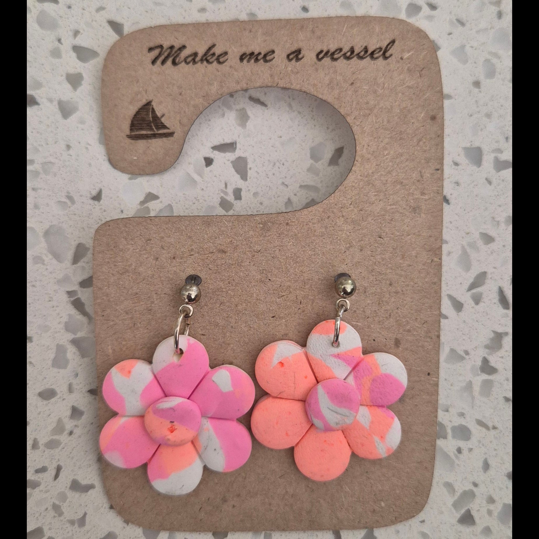 Pink salmon and white flower earrings