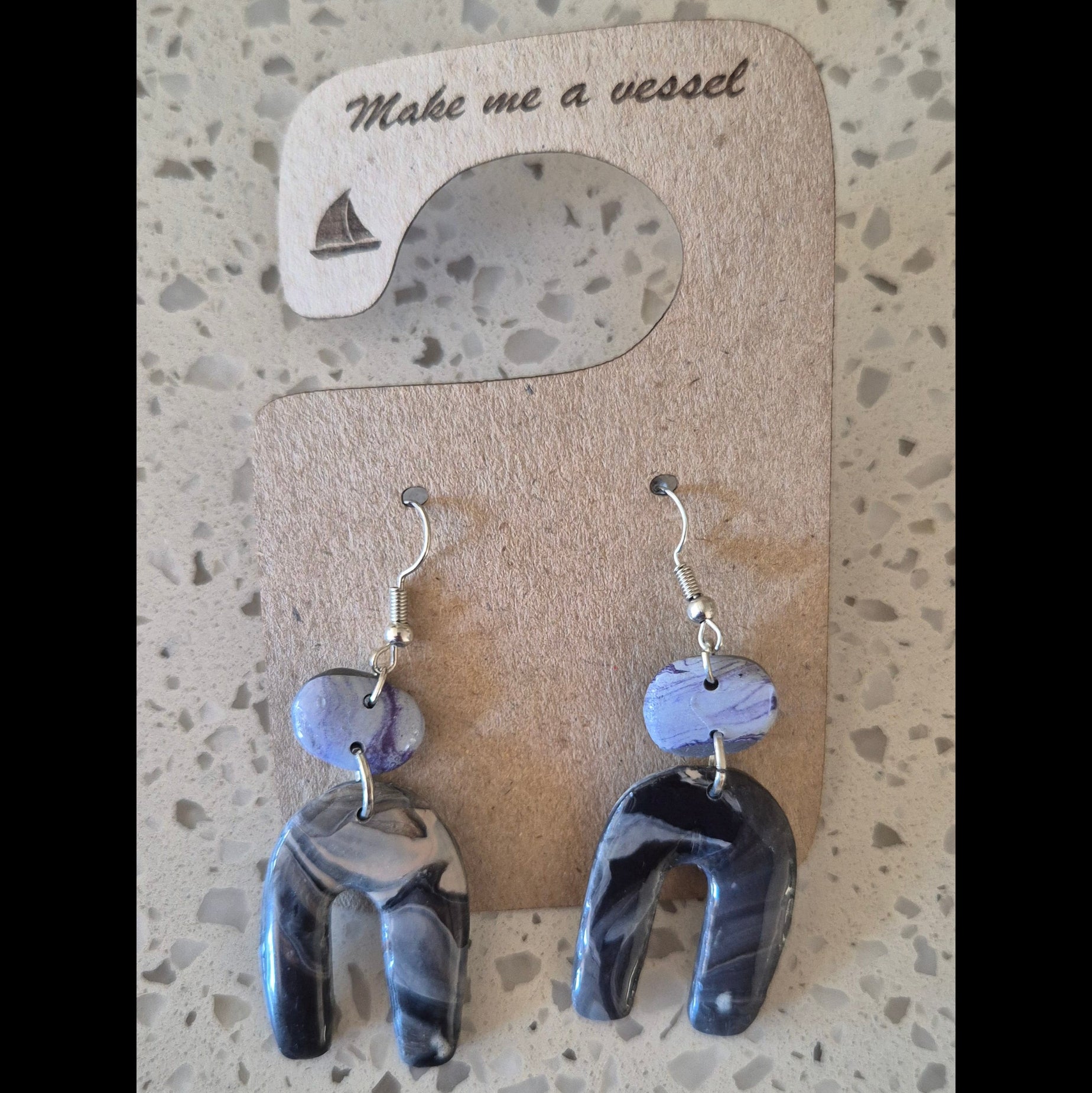 Marbled U shaped black and grey with silver earrings