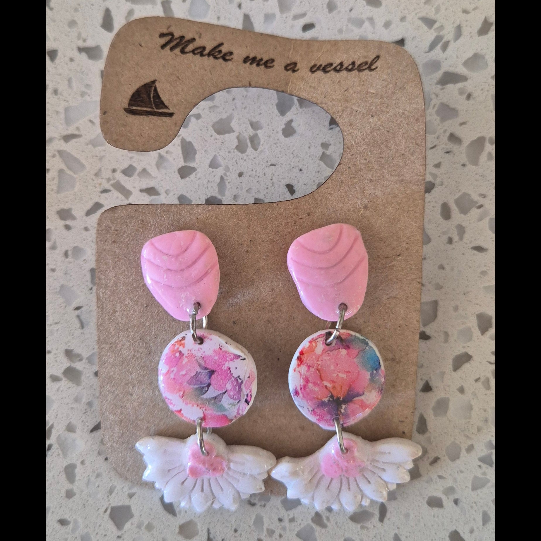 Pink flower three tiered earrings in pink