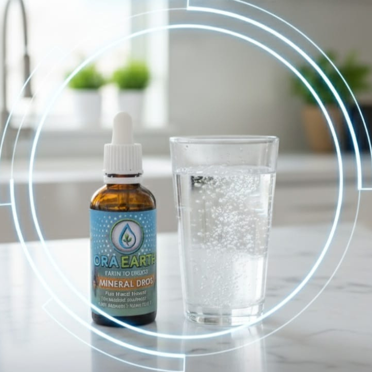 OraEarth mineral drops bottle with dropper and a glass of water on a marble surface.