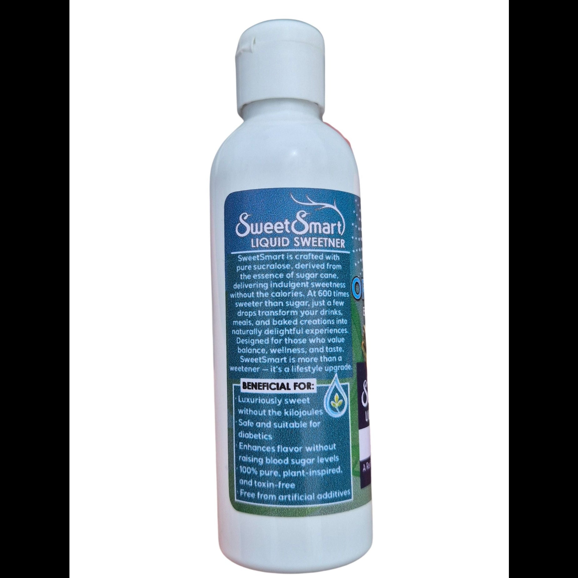 Bottle of Sweet Smart liquid sweetener on a white background